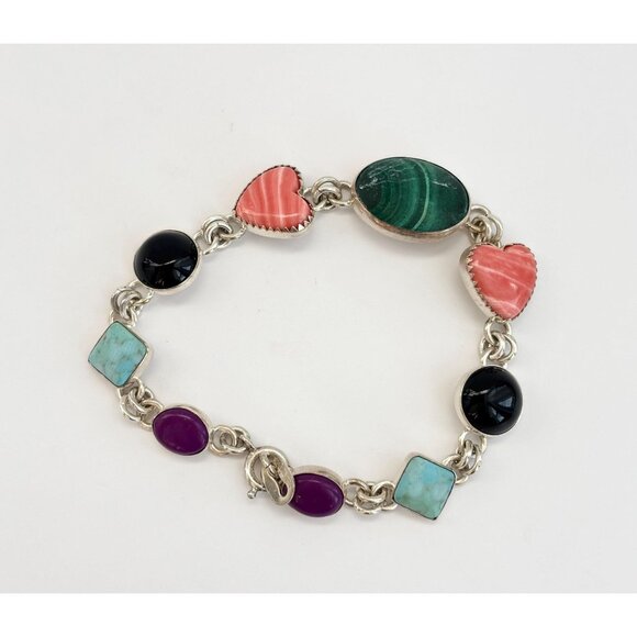 Turkish Made  Gemstone Scarab & Heart Shaped Sterling Silver Vintage Bracelet - Picture 1 of 10